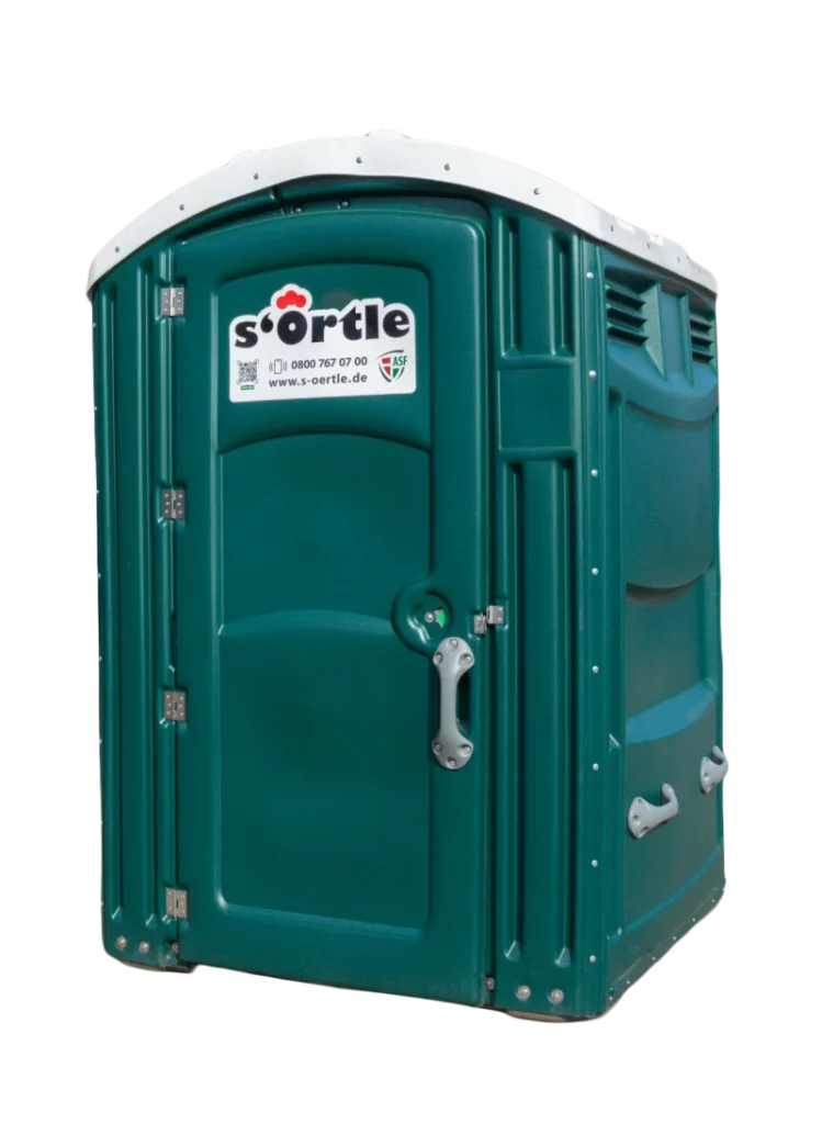 Grünes s'Örtle Komfort-WC von außen – mobiles WC mit breiterer Tür, Metallgriff und verstärkter Bauweise für barrierefreien Zugang.
