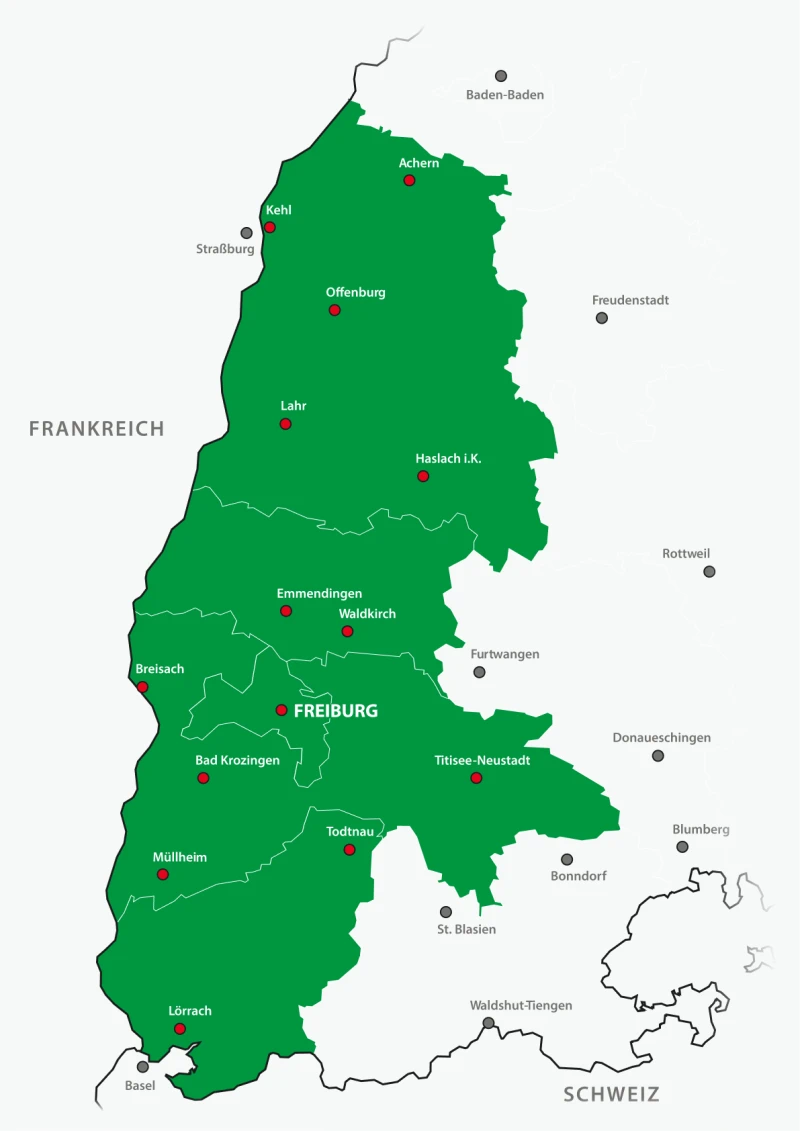 Lieferkarte s'Örtle: вas Gebiet von Offenburg im Norden bis Lörrach an der Schweizer Grenze, mit Zentrum Freiburg.