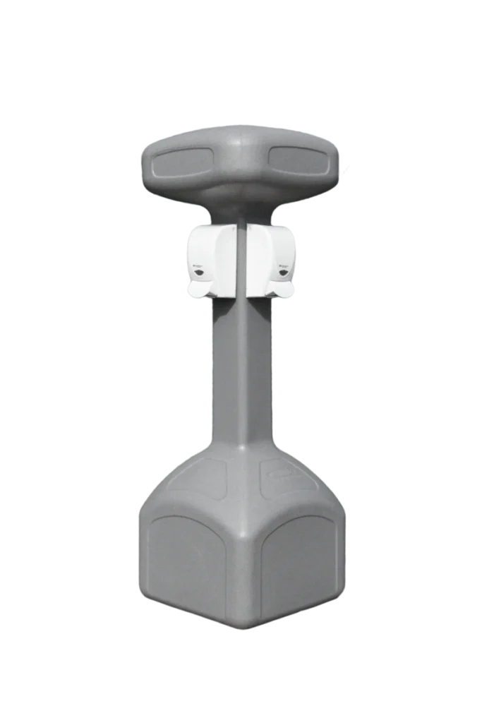 s'Örtle Desinfektionsständer von vorn – grauer Standspender mit zwei aufgesetzten Desinfektionsmittelspendern und breitem Standfuß.