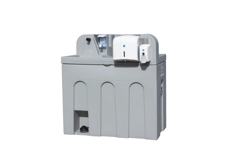 s'Örtle Handwaschstation von schräg vorn – mobile graue Waschstation mit zwei Becken, Seifenspender und Papierhandtuchhalter.