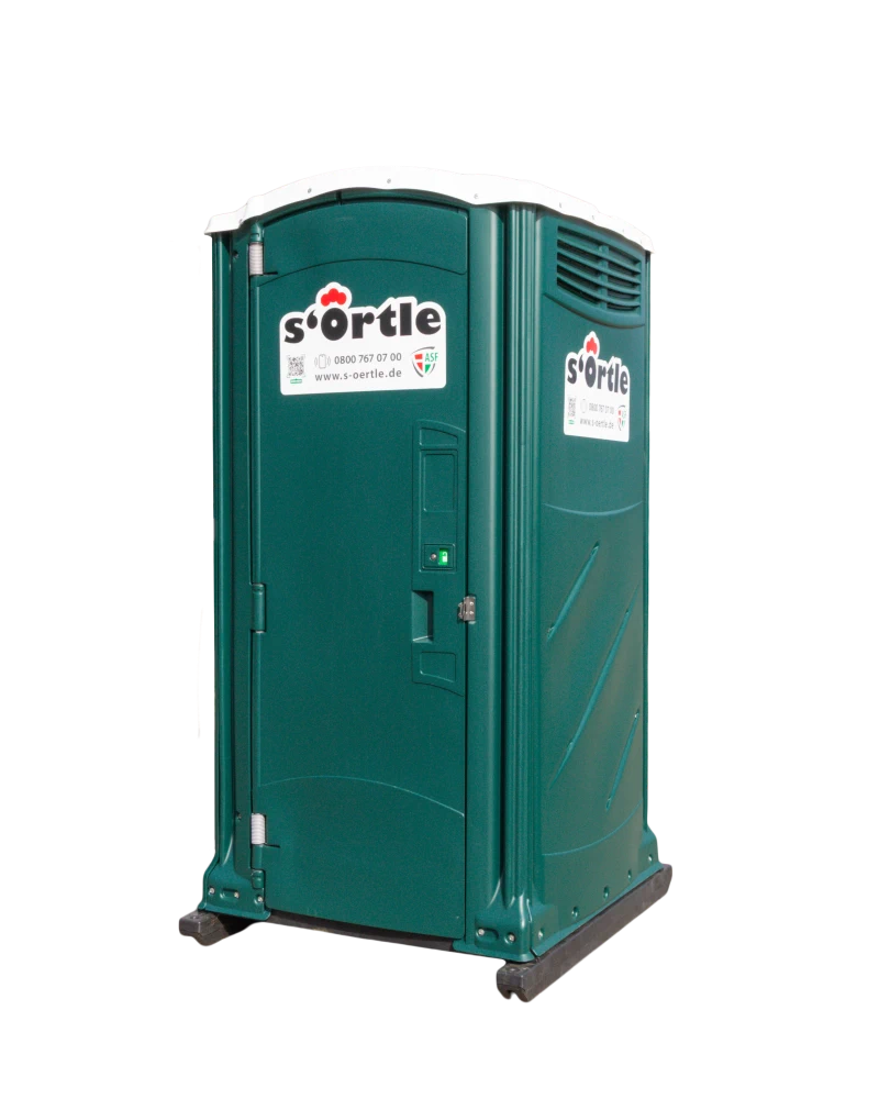 Grünes s'Örtle Standard-Bauklo von außen – mobiles WC mit Belüftungsschlitzen, Schiebetür und codierter Besetzungsanzeige.