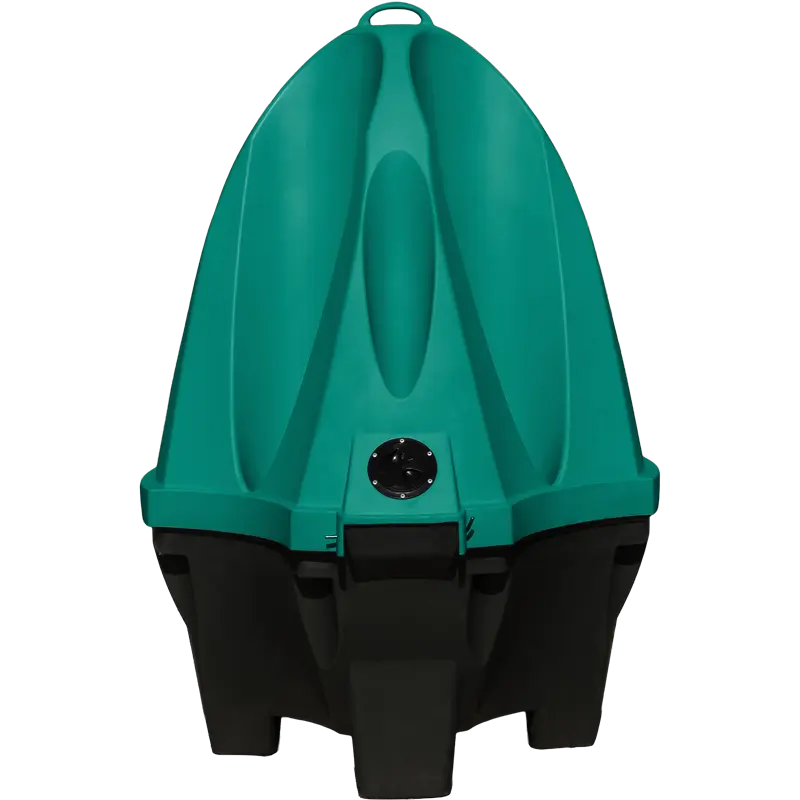 s'Örtle Urinal von hinten – freistehendes grünes Außenurinal mit geschlossenem Gehäuse und stabilem schwarzen Standfuß.